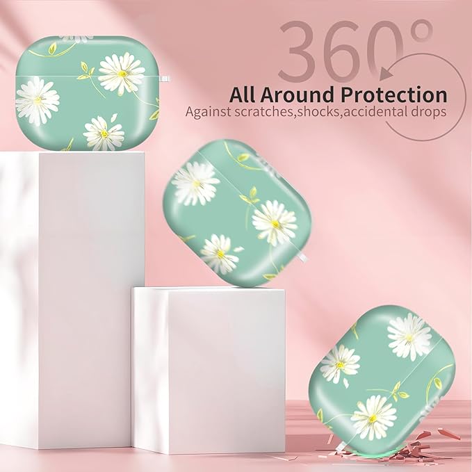 AirPod Pro 3 (2025) Case Cover for Women, Cute Shockproof TPU Protective Case with Gold Round Buckle, Anti-Drop Design Green Daisy