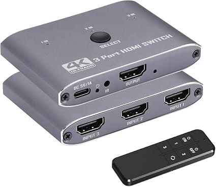 4K@60Hz HDMI Switch 3 in 1 Out, HDMI Switcher Selector with Remote Supports 4K 3D 1080P HDR HDMI 2.0 HDCP 2.2 Compatible with Nintendo Switch PS5/4/3 Xbox Roku TV Fire Stick Blu-Ray Player