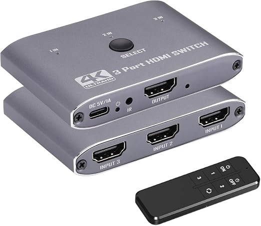 4K@60Hz HDMI Switch 3 in 1 Out, HDMI Switcher Selector with Remote Supports 4K 3D 1080P HDR HDMI 2.0 HDCP 2.2 Compatible with Nintendo Switch PS5/4/3 Xbox Roku TV Fire Stick Blu-Ray Player