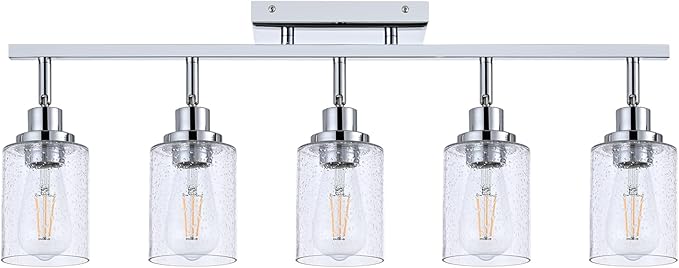 5-Light Chrome Track Light Fixture Ceiling Track Lighting Kit with Seeded Glass Track Lighting Heads Ceiling Vanity Light, Multi-Directional Rotating Spotlight Fixtures for Kitchen Accent Shop