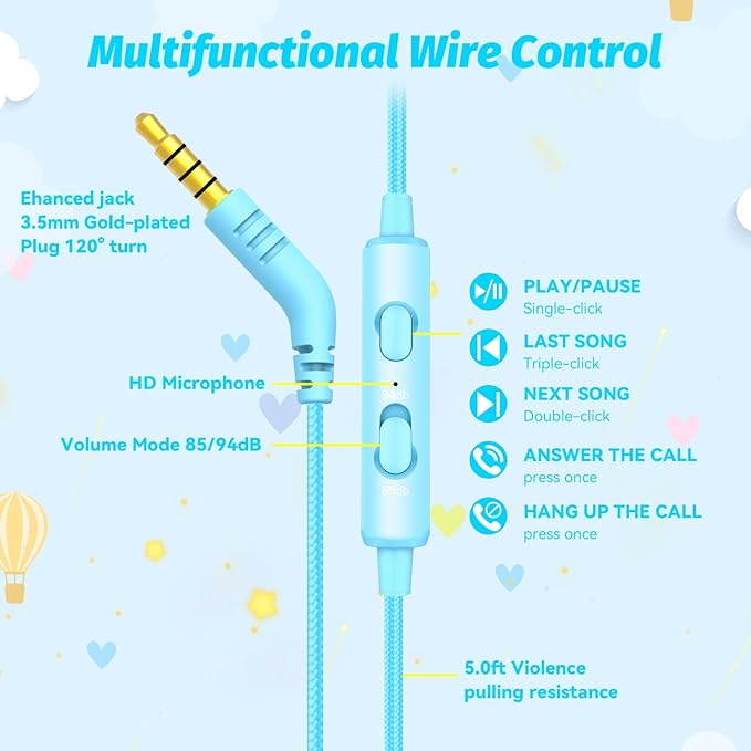 Kids Headphones with Cord for School, 85/94dB Volume Limit Headphones for Kids, Portable Wired Headphone with Shareport, Stereo Sound Foldable Headset for School/Tablet/iPad/Kindle (Cyan)