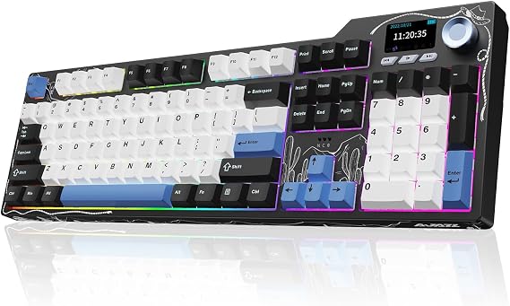 Ajazz AK35I V4 Full Size Wireless Mechanical Keyboard with 1.14" Color Screen & Knob, Tri-Mode Gasket Hot Swappable Gaming Keyboard, 10000mAh Battery, RGB, Black White Blue