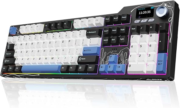Ajazz AK35I V4 Full Size Wireless Mechanical Keyboard with 1.14" Color Screen & Knob, Tri-Mode Gasket Hot Swappable Gaming Keyboard, 10000mAh Battery, RGB, Black White Blue