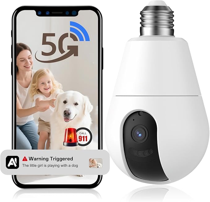 Light Bulb Security Camera, 5G/2.4GHz Lightbulb Security Cameras Wireless Outdoor, AI Motion Detection and Siren Alarm, US-Based Cloud Storage, 911 Calling Color Night Vision (1 Pack)