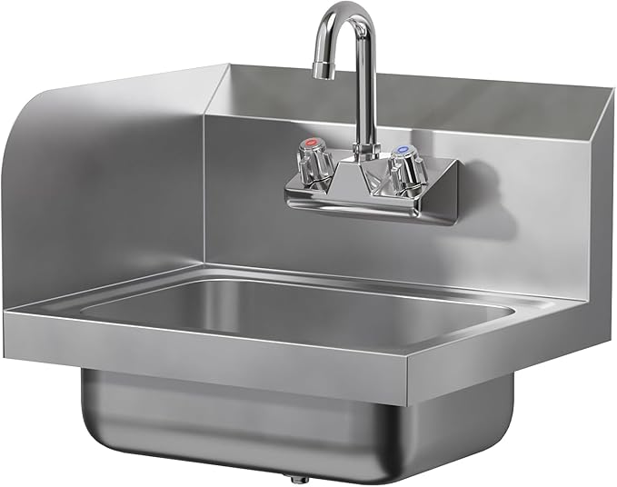 Stainless Steel Hand Sink with Right Side Splash Guard 15” x 17” | Commercial Wall Mount Hand Basin with Gooseneck Faucet, Strainer, Back Splash | NSF (Left Side Splash Guard)