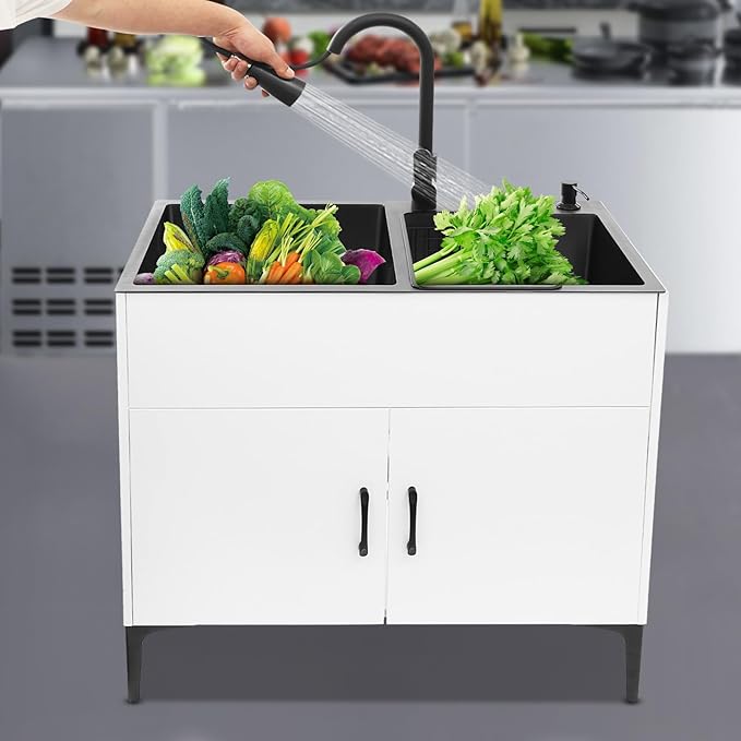32-Inch Utility Sink Cabinet with Pull-Out Sprayer Faucet, Laundry Sink with Cabinets and Stainless Steel Double Sinks, Freestanding Cabinet with Sink for Laundry&Utility Room, Kitchen, Bathroom