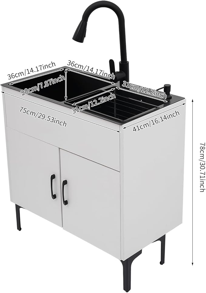 30-Inch Laundry Sink Cabinet with Stainless Steel Sink and Pull-Out Sprayer Faucet, Freestanding Deep Utility Sink with Cabinet Utility Tub for Bathroom Laundry Room Kitchen (White)