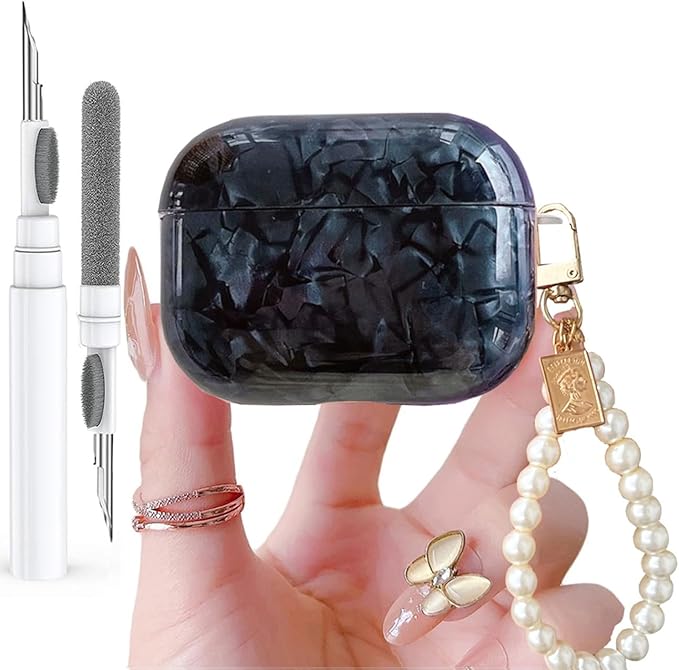 for Cute Glitter Airpods Pro/Pro 2 Gen Case with Cleaner Pen, Shell Pattern iPod Pro 2nd/1st Generation Cover Protective Skin Girl Women with Luxury Pearl Keychain 2023/2022/2019 - Black