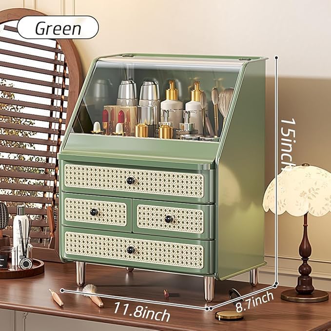 Large Cosmetic Storage Box Dustproof And Waterproof. Display Case with Drawers Countertop Vanity Organizer for Skincare, Lipsticks, Perfume – Bathroom Cosmetic Storage Display Box (Green)