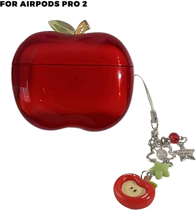 Cute Fruit Shaped Case for AirPods Pro 1/2, Realistic Design Cover with Leaf Charm, Translucent Shockproof TPU Protective Case, Great Gift Idea (red for Airpods Pro2)
