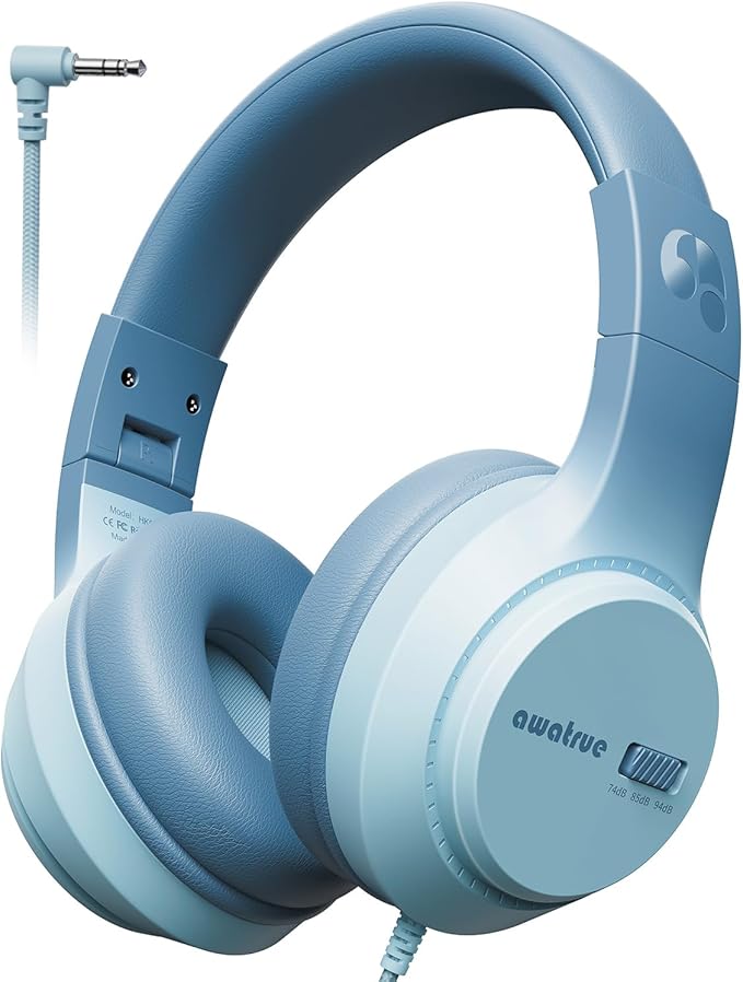 Kids Headphones, 74/85/94dB Volume Limiter, Foldable Wired Over Ear Headphones for Travel, 3.5mm Jack, Toddler Headphones for School, Chromebook, iPad, Tablet, Green