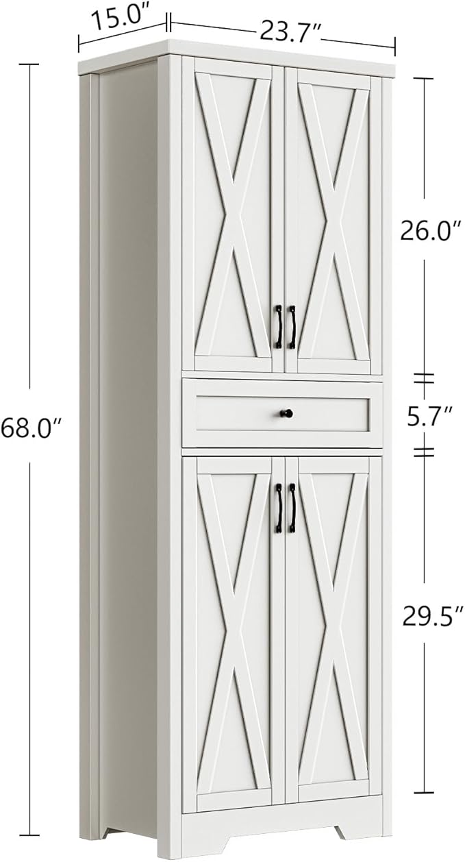 Lyromix 68'' Farmhouse Kitchen Pantry Cabinet with Adjustable Shelves, Tall Storage Cabinet with Barn Doors, Freestanding Versatile Cupboard for Dining Room, White