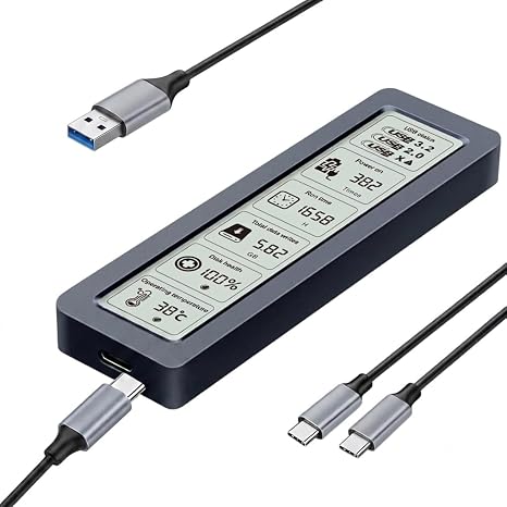NVMe M.2 SSD Enclosure LCD Smart Health Monitor 10Gbps USB-C Plug&Play Mac PS4