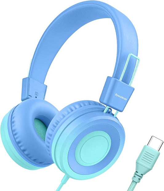 USB Type C Kids Headphone for School, 94dB Safe Volume Limited, Foldable Stereo Sound Tangle-Free Type C Cord, On-Ear Headphones for Boys/Girls/Students/Tablet/Travel(Gradient Blue)