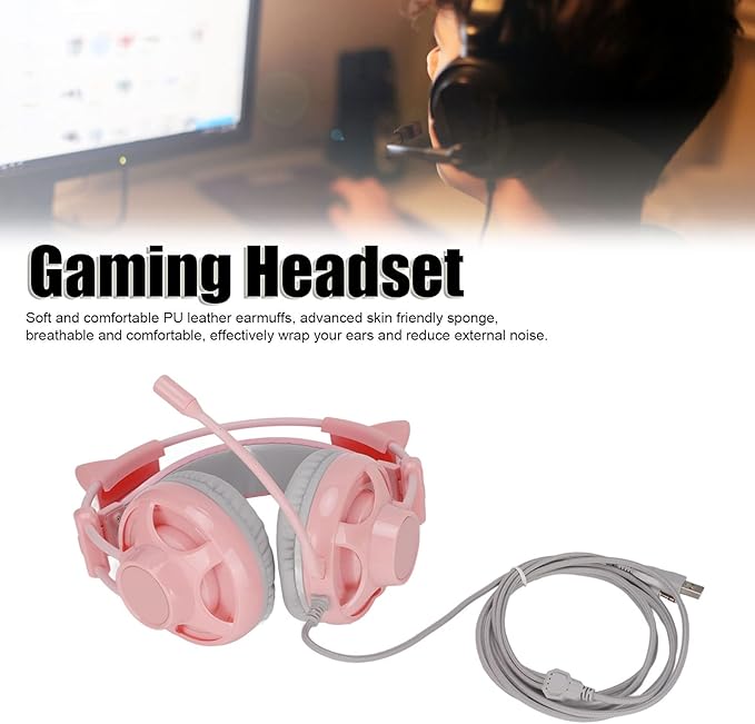 Cute Pink Cat Ears Gaming Headset for, 7.1 Surround Headband Wired Gaming Headset Bass Surround and Noise Cancelling with Mic for Laptop PC Smartphones (Grey and Pink)