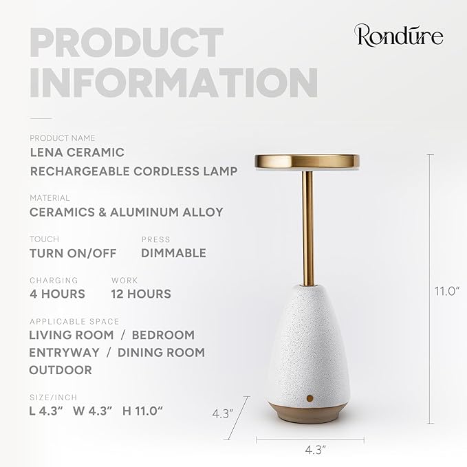 RONDURE 11.0" Ceramic Cordless Table Lamp, Portable Rechargeable Table lamp, Touch Dimmable Warm Ambient Lighting for Living Room, Bedroom, Dining Room, Fast Charging & Long Lasting