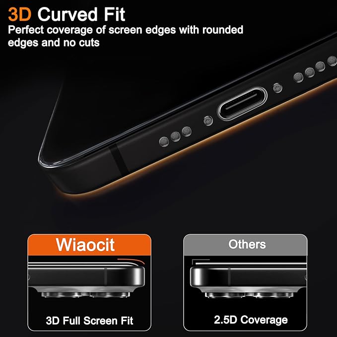 Wiaocit 3 Pack Tempered Glass Privacy Screen Protector for iPhone 16 Pro with 3 Pack Camera Lens Protector, 9H Hardness, Bubble Free, Case Friendly
