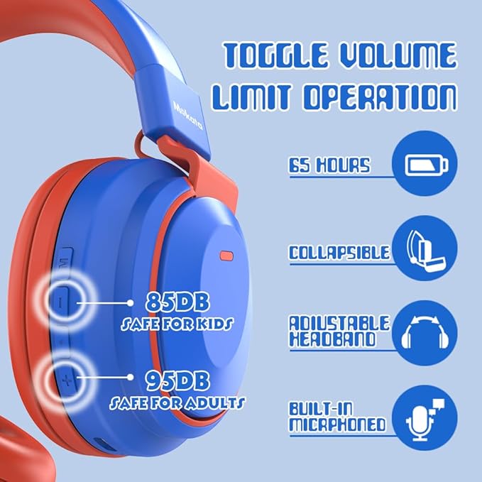 Kids Headphones Bluetooth 5.3 Wireless Lightweight Fast Charging 68 Hours Play Time Volume Limited 85/94dB Over Ear Foldable with Built-in Mic for Toddler Boy Girl Tablet Pad Blue