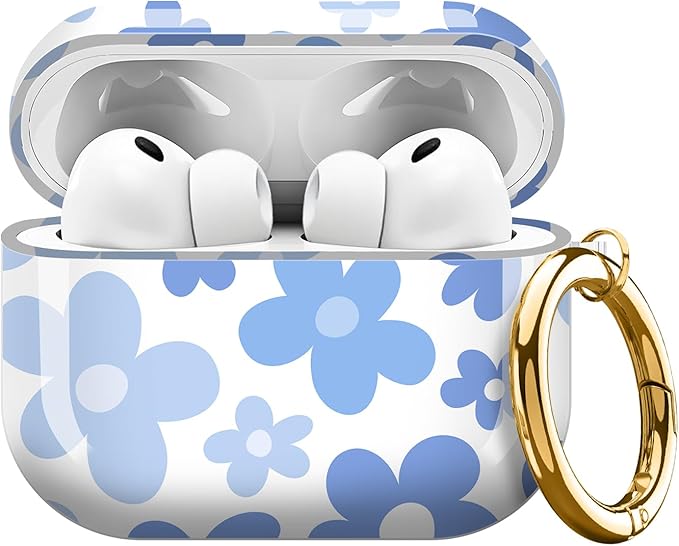 AirPod Pro 3 (2025) Case Cover for Women, Cute Shockproof TPU Protective Case with Gold Round Buckle, Anti-Drop Design Flower Blue