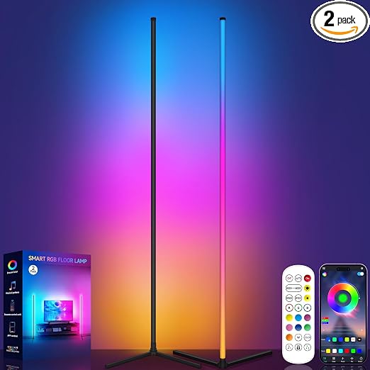 Tyute Floor Lamp, RGB LED Corner Lamp with Music Sync, Smart App and Remote Control Color Changing Ambience Light, 16 Million Colors Standing Lamp for Bedroom Living Room Gaming Room (2pcs)