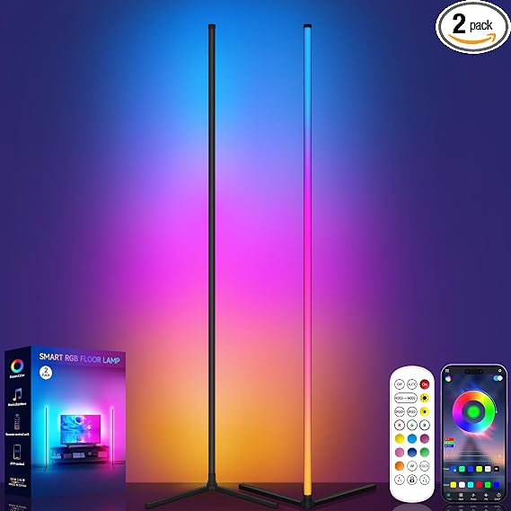 Tyute Floor Lamp, RGB LED Corner Lamp with Music Sync, Smart App and Remote Control Color Changing Ambience Light, 16 Million Colors Standing Lamp for Bedroom Living Room Gaming Room (2pcs)