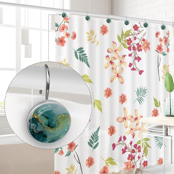 12 Packs Abstract Green Marble Shower Curtain Hooks, Crystal Glass Shower Curtain Rings for Bathroom, Rustproof Metal Curtain Rod Hooks
