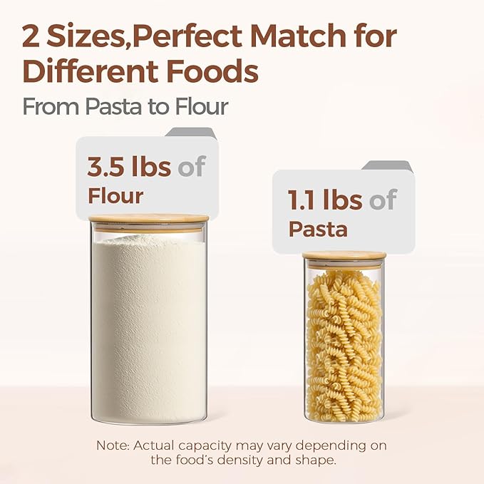 ComSaf Glass Food Storage Containers with Bamboo Lid (4.2Qt/1.5Qt), Glass Jar with Airtight Lid Clear Glass Food Canister Set of 2 for Dry food like Rice, Sugar, Flour, Pasta, Cereal, Beans, Nuts