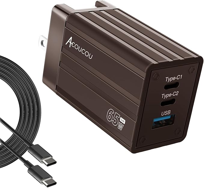 USB C Fast Charging Block，65W GaN Fast Charger 3-Port，Acoucou Adapter Type C Wall Chargers with Cable, for iPhone 17,16,15, iPad, MacBook, Galaxy S25, S24, S23, Tablet (Bronze)