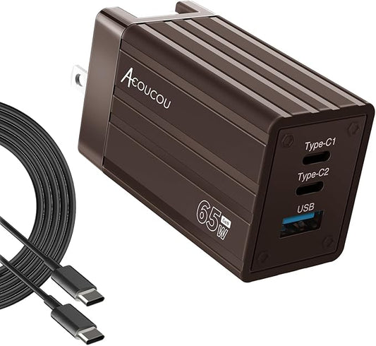 USB C Fast Charging Block，65W GaN Fast Charger 3-Port，Acoucou Adapter Type C Wall Chargers with Cable, for iPhone 17,16,15, iPad, MacBook, Galaxy S25, S24, S23, Tablet (Bronze)