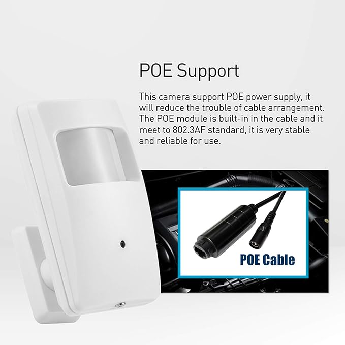 REVOTECH PIR POE IP Camera, HD 3MP Small Indoor Security Camera Covert 3.7mm Lens 940nm Invisible LEDs IR Night Vision P2P H.265(IPIR-M-P White)