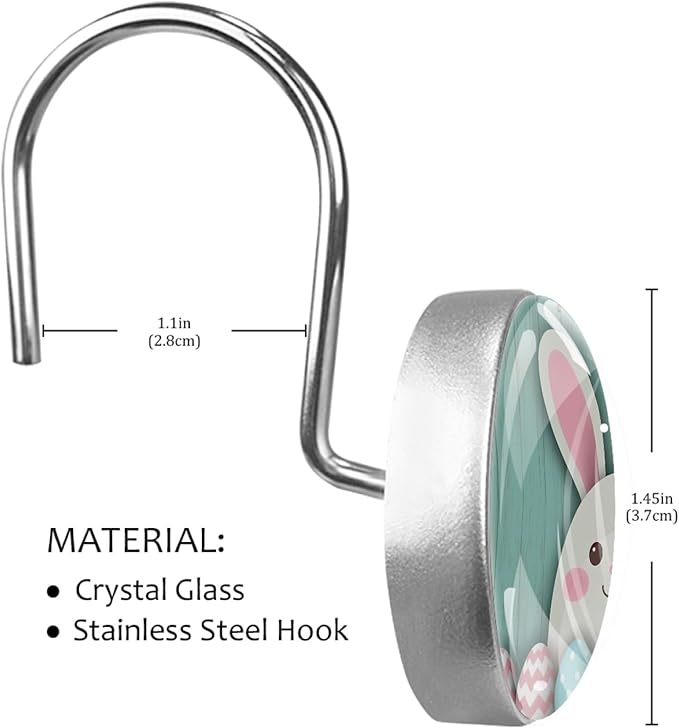 Rural Teal and Easter Bunny Crystal Glass Shower Curtain Hooks for Bathroom Shower Rod, 12Pcs Round Home Decorative Shower Curtain Rings, Bathroom Bedroom Living Room Accessories
