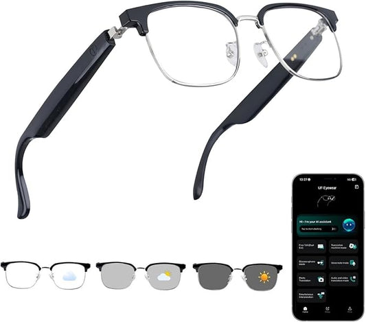 AI Smart Glasses, Bluetooth Audio Glasses with Real-Time Translator for 164 Languages, Free APP, Photochromic Lens, Spring Hinges, Wearable Tech Bluetooth Glasses for Travel/Work/Study(Silver)