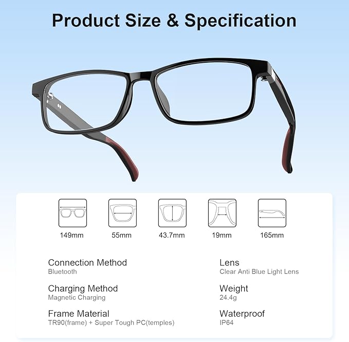 Smart Glasses for Men Women, Classic Smart Eyewear with Detachable Ultra-Slim Arms, Blue Light Filtering, Open Ear Bluetooth Glasses – Ultra-Light Design for Business and Daily Use