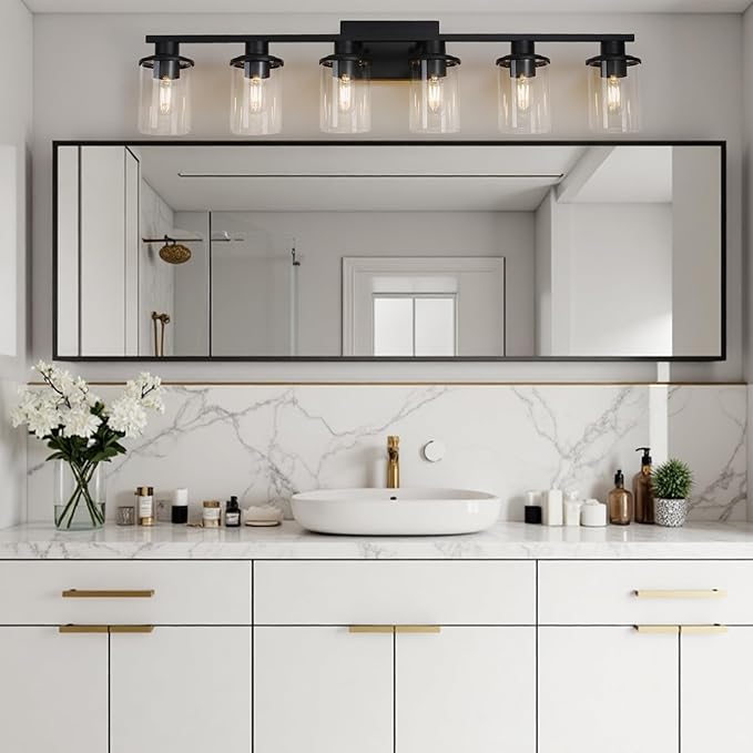 LOUSACE 6 Light Bathroom Vanity Light, 38" Matte Black Vanity Lighting Fixture Over Mirror with Clear Glass Shade, E26 Base