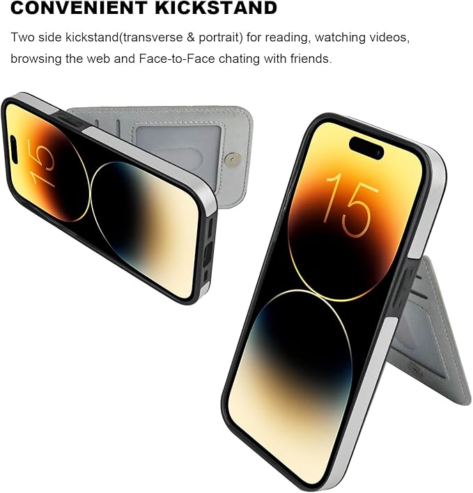 KIHUWEY Compatible with iPhone 15 Case Wallet with Credit Card Holder, Flip Premium Leather Magnetic Clasp Kickstand Heavy Duty Protective Cover for iPhone 15 6.1 Inch (Silver)