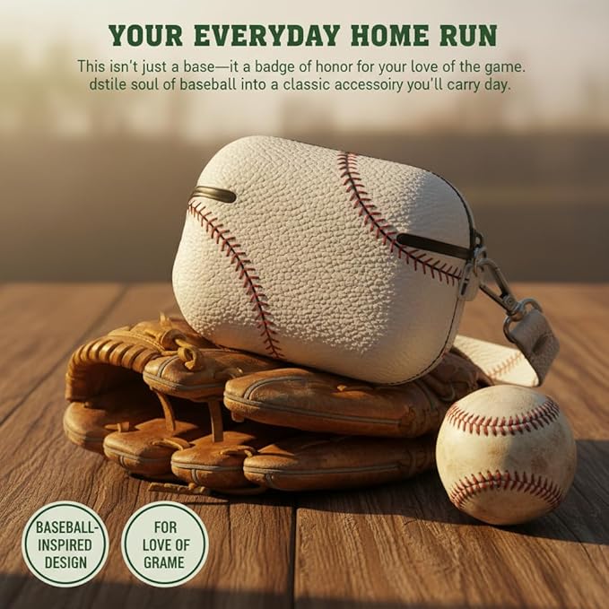 for Airpods 4 Case Cover,Leather Sport Ball Design - Full Protective Hard Case with Lock & Keychain, Front LED Visible Skin Accessory for Men Women,Baseball