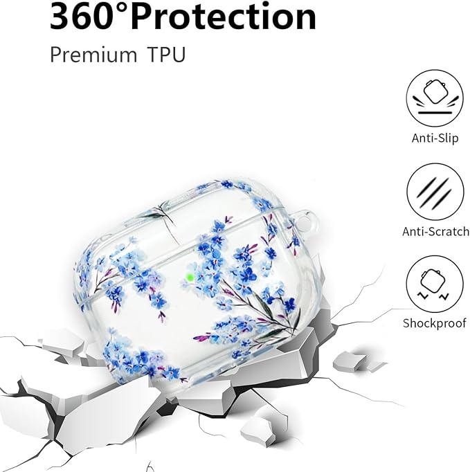 Compatible with AirPods Pro 2 Case Cover 2022, Soft TPU with Cute Flower Pattern for AirPods Pro 2nd/1st Generation Case with Flower Keychain and Carabiner for Girls Women (Midnight Blue)