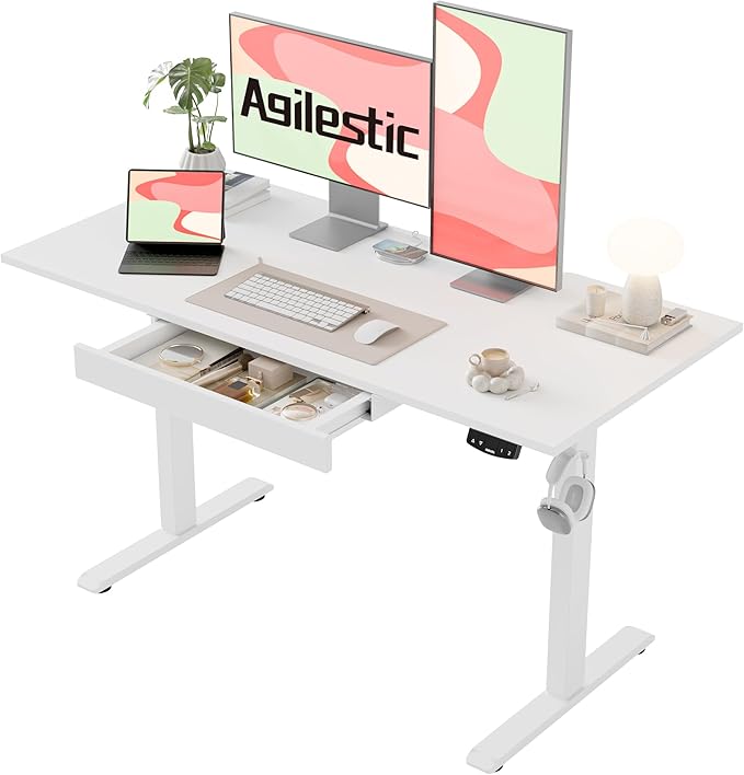 Agilestic Electric Standing Desk with Integrated Drawer, Height Adjustable Desk, Ergonomic Rising 48"x24" Wooden Desk, Sit-Stand Workstation with Memory Presets for Work Home Office, White