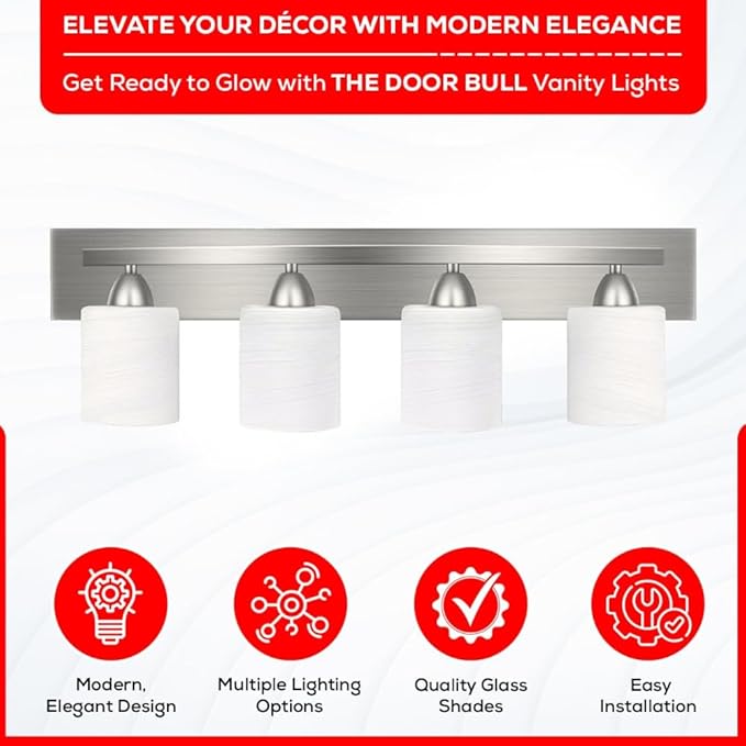 The Door Bull Modern 4-Light Bathroom Vanity Light – Brushed Nickel Fixture with Frosted Glass Shades, E26 Socket – Wall Sconce for Mirror, Bathroom, Kitchen, Hallway, Entryway