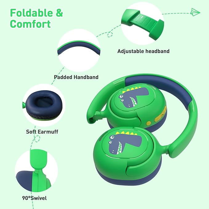 Bluetooth Kids Headphones, Wireless Headphones for Kid with Mic, 75/85/94dB Volume Limited, Includes 3.5mm Aux Cord, Foldable Dinosaur Teens Headset for School, Home, Travel, Tablet