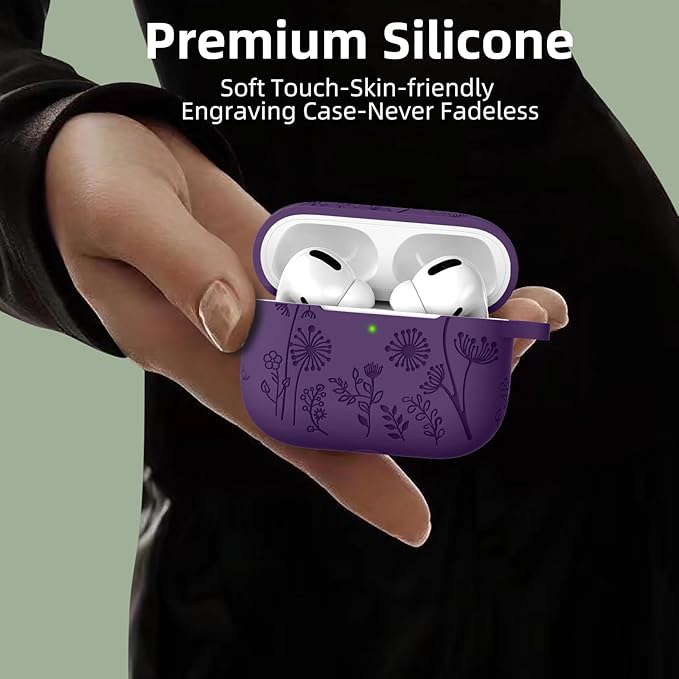 Lerobo Flower Engraved Case for Airpod Pro/Airpod Pro 2, Cute Silicone Skin Full Protective Cover Compatible with Apple Airpods Pro 2nd/1st Generation with Keychain Purple