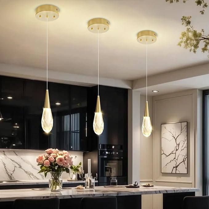 Pendant Light Kitchen Islan Gold Mini Crystal Chandelier Modern Hanging Light Fixture for Dining Room, Living Room,Bedroom, Foyer（3-Pack）