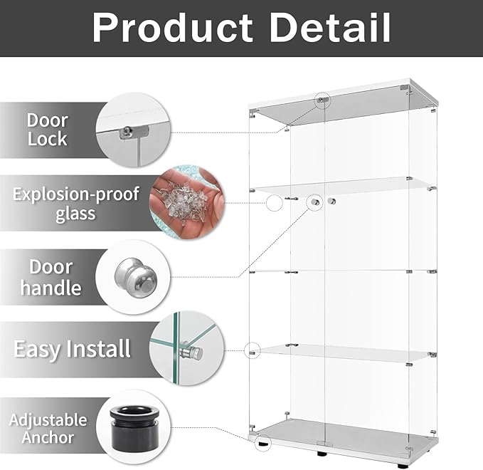 LFT HUIMEI2Y Glass Display Cabinet 4-Shelf with Double Door, Curio Cabinets Fast Installation in 30 Mins, Tempered Glass Floor Standing Bookshelf for Bedroom, Living Room 64.7”x 32”x 14.4” White