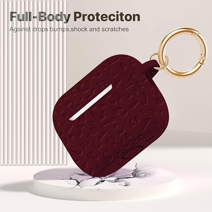 Case Compatible with AirPods Pro 3 Generation 2025 Cover with Keychain, Gawnock Engraved Leopard Skin Soft Cover for AirPods Pro 3 Case Full Protection,Front LED Visible, Wine Red