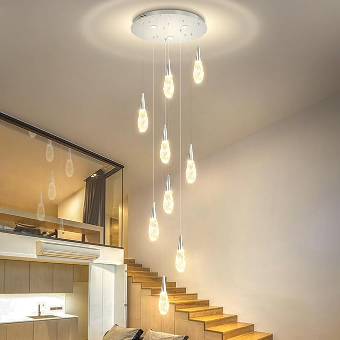 H98 Modern Chandelier for Stairway 9-Lights Crystal Raindrop Chandelier Chrome Pendant Light for Staircase Living Room Entryway LED Dimmable High Ceiling Chandeliers with Remote
