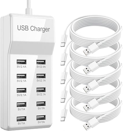10-Port USB Charging Station, 50W 10A Desktop Charger with 5 A-to-C Cables