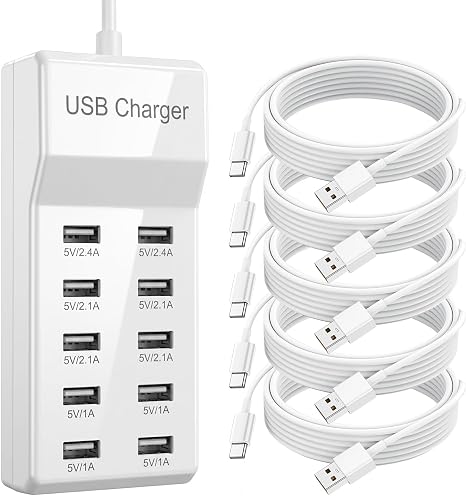 10-Port USB Charging Station, 50W 10A Desktop Charger with 5 A-to-C Cables