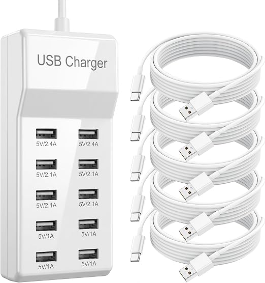 10-Port USB Charging Station, 50W 10A Desktop Charger with 5 A-to-C Cables