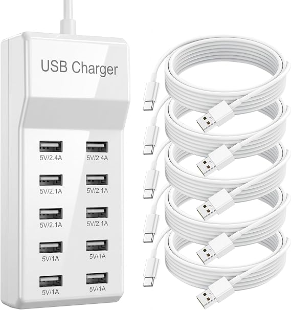 10-Port USB Charging Station, 50W 10A Desktop Charger with 5 A-to-C Cables