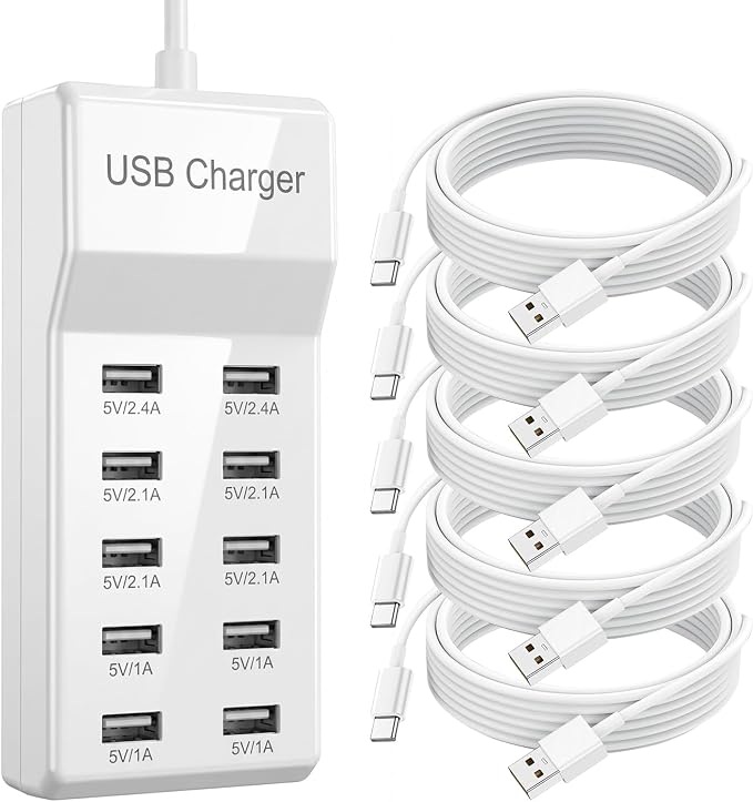 10-Port USB Charging Station, 50W 10A Desktop Charger with 5 A-to-C Cables